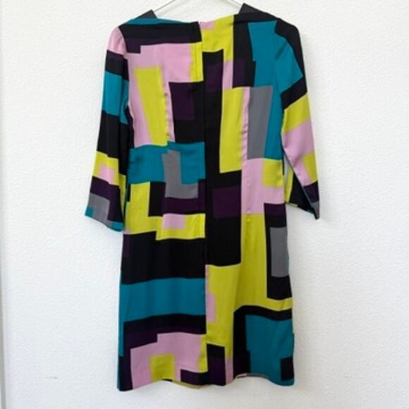 MILLY Silk Shift Dress Geo Print Leather Trim 3/4 Sleeve Multicolor Sz 2 - Picture 7 of 8